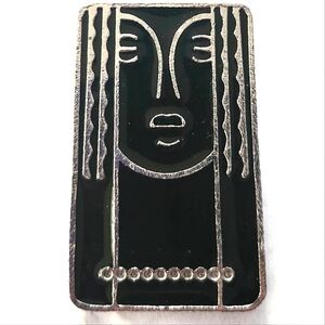 Vtg 1975 Charles of The Ritz Pewter Black Enamel Art Deco Woman Pin  Brooch